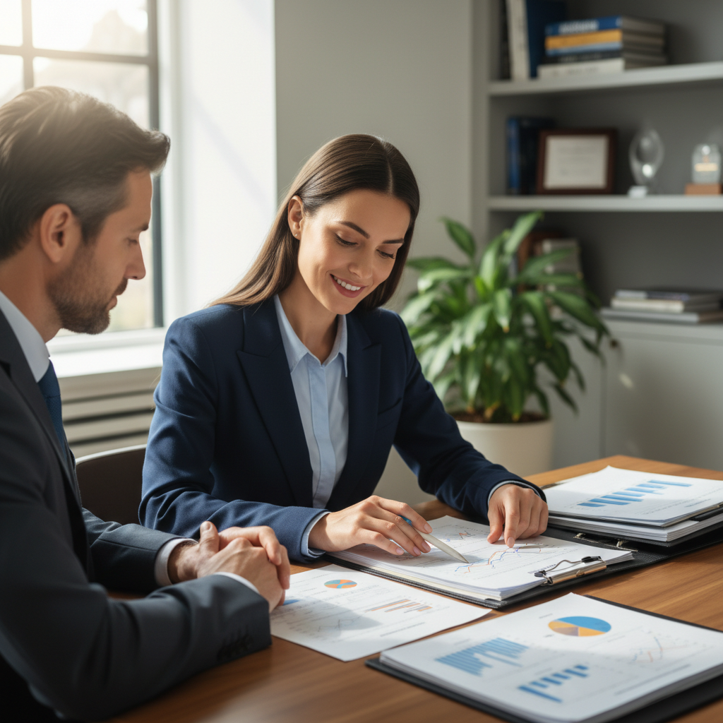 Professional financial advisor reviewing documents with client in modern office with glass walls