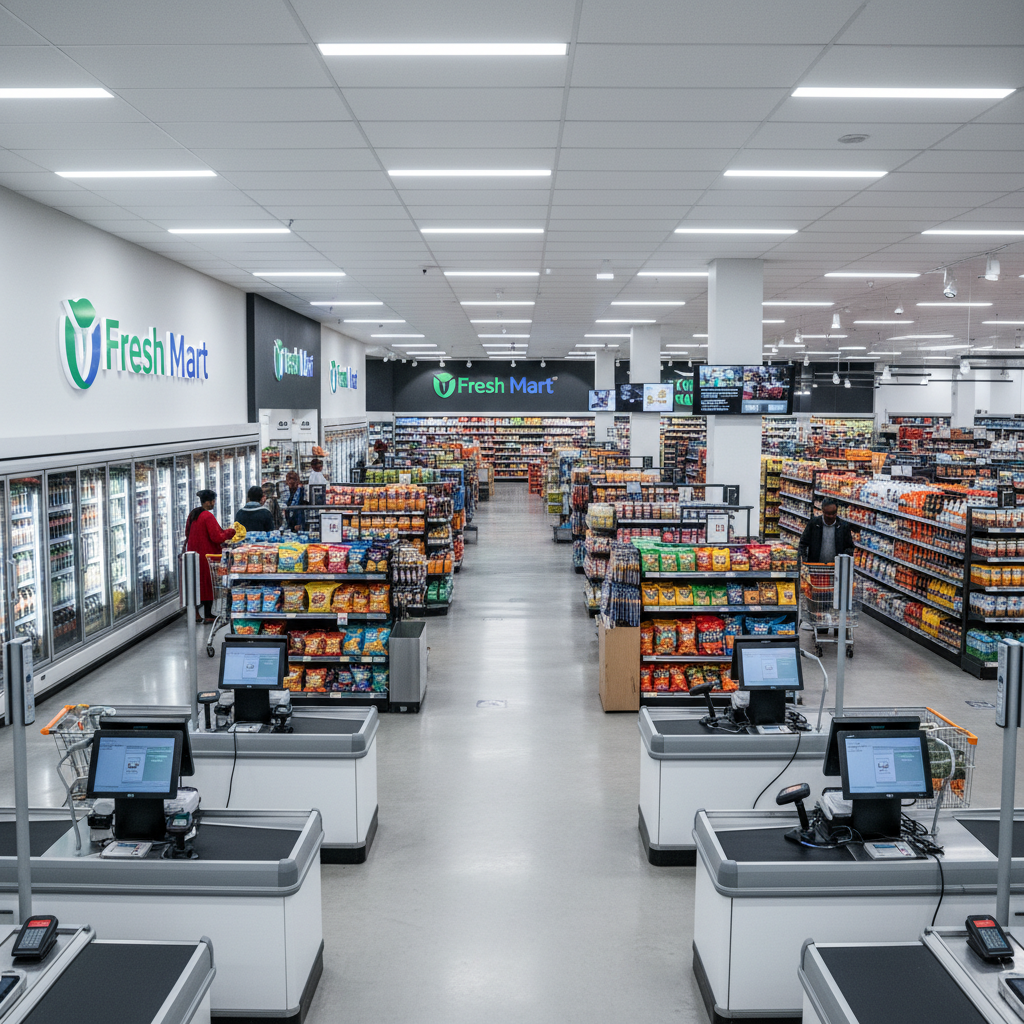 Modern retail store interior with organized product displays, bright lighting, and point-of-sale system
