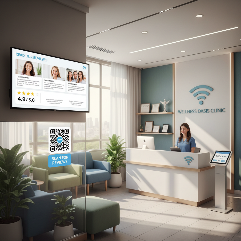 Modern medical clinic reception area with white walls, comfortable seating, and digital check-in system