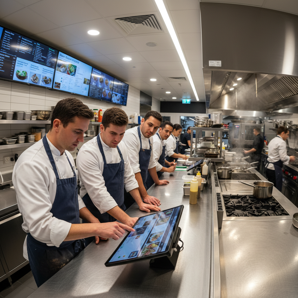 Busy restaurant kitchen with chefs preparing dishes and digital order management system on tablets